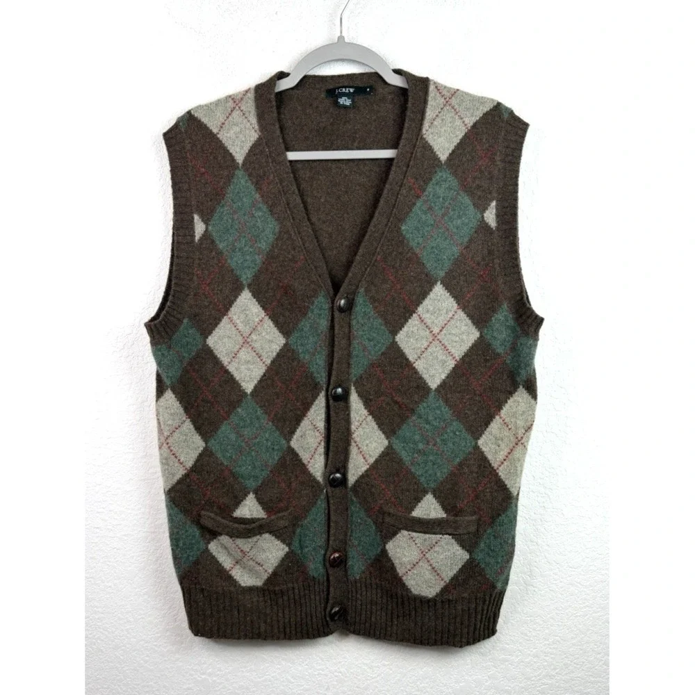 J.Crew Lambswool Argyle Sweater Vest Men's M Brown Green Preppy Grandpacore